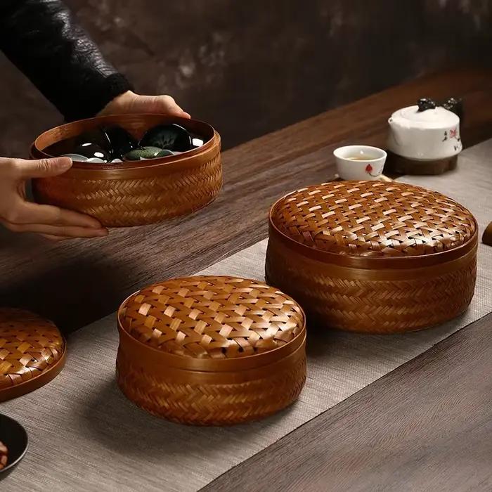 Boîte de rangement ronde en bambou faite à la main avec couvercle