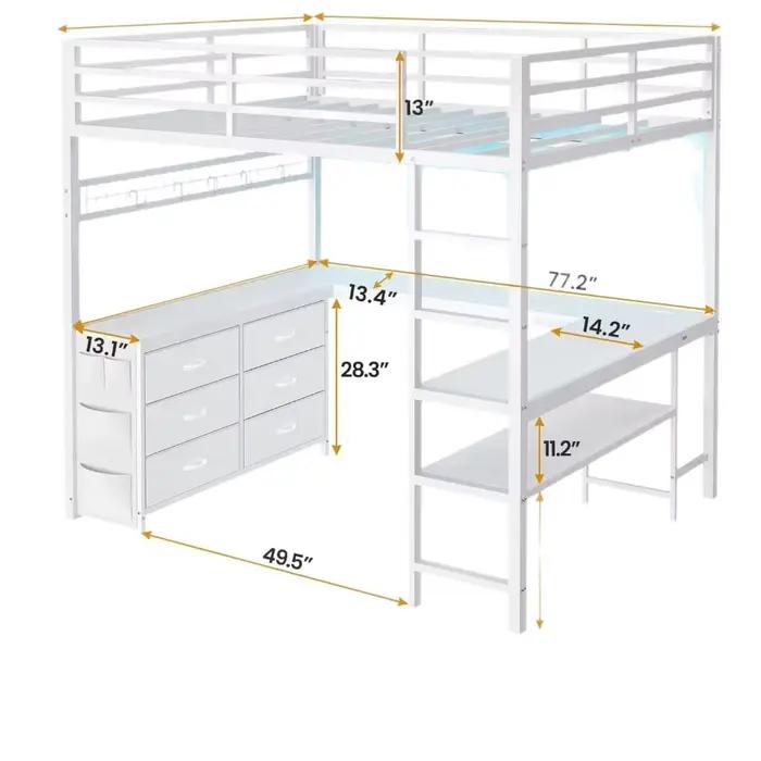 Lit mezzanine en métal gain de place avec escalier, bureau en L, lit surélevé, structure robuste en