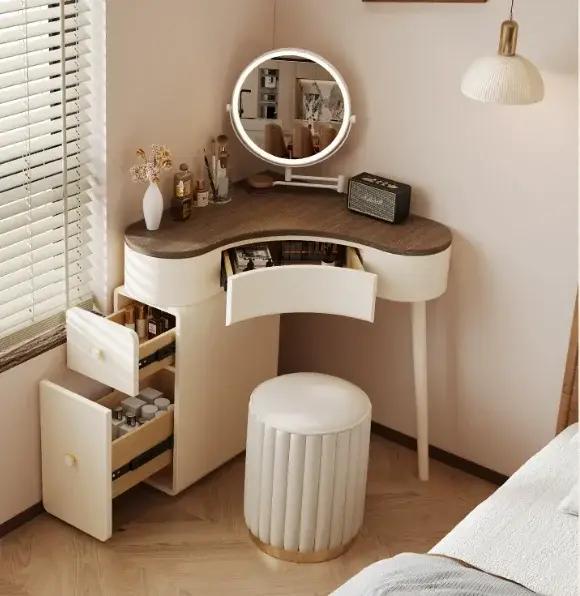 Coiffeuse d'angle 70 cm avec miroir et tabouret en bois