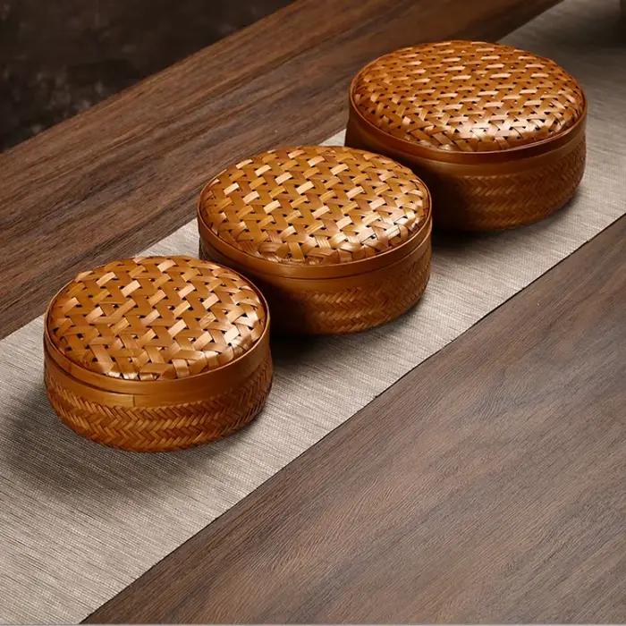 Boîte de rangement ronde en bambou faite à la main avec couvercle