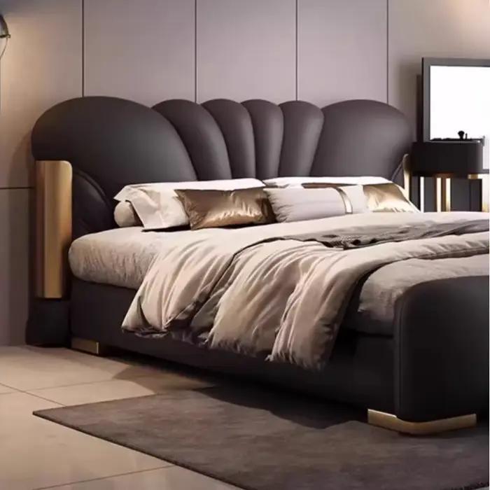 Lit de chambre en cuir Nappa avec dossier souple