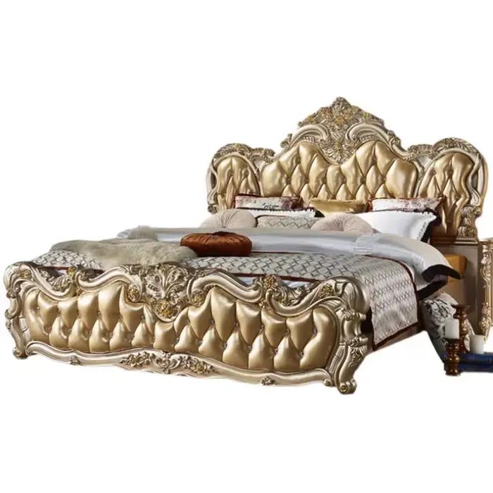 Ensemble de lit double de luxe européen doré, design pour chambre, petit lit double de luxe pour la