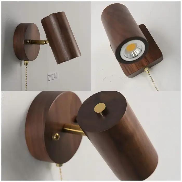 Applique murale couleur bois de noyer rétro chambre chevet appliques tête de lampe réglable tirer cordon interrupteur lecture mur projecteur LED