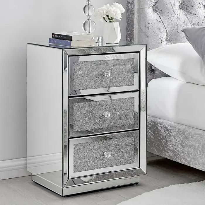 Mode de luxe moderne diamant concassé miroir 3 tiroirs rangement Table de chevet côté lit