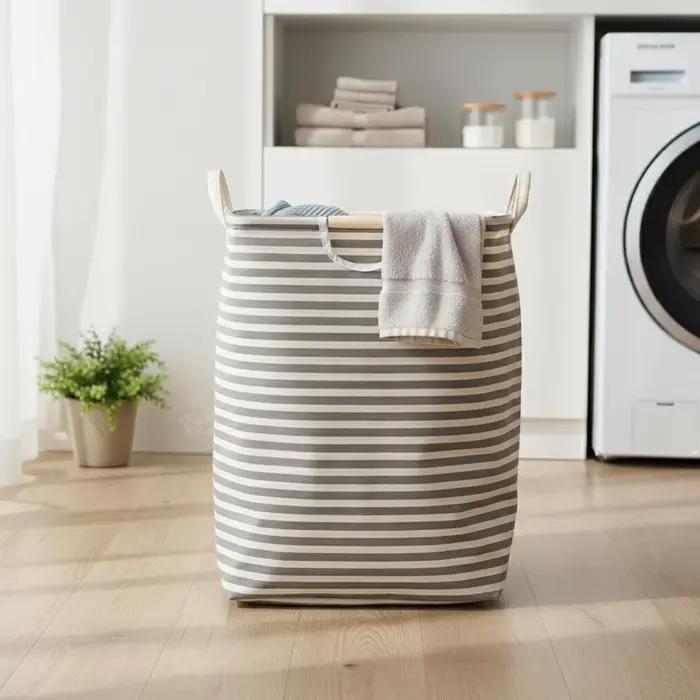 Panier à linge en coton et lin pliable avec doublure imperméable et poignées en bois pour chambre