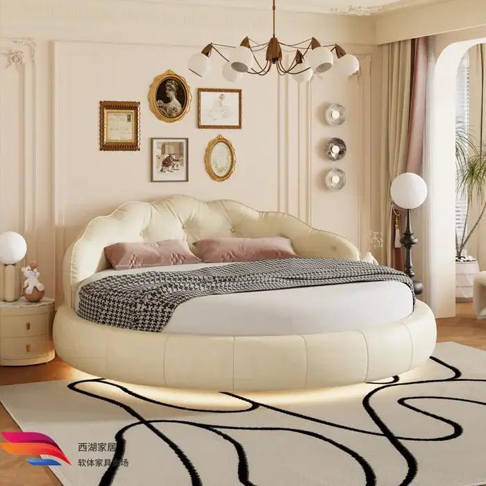Lit rond de luxe crème avec dossier souple blanc pour 2 personnes