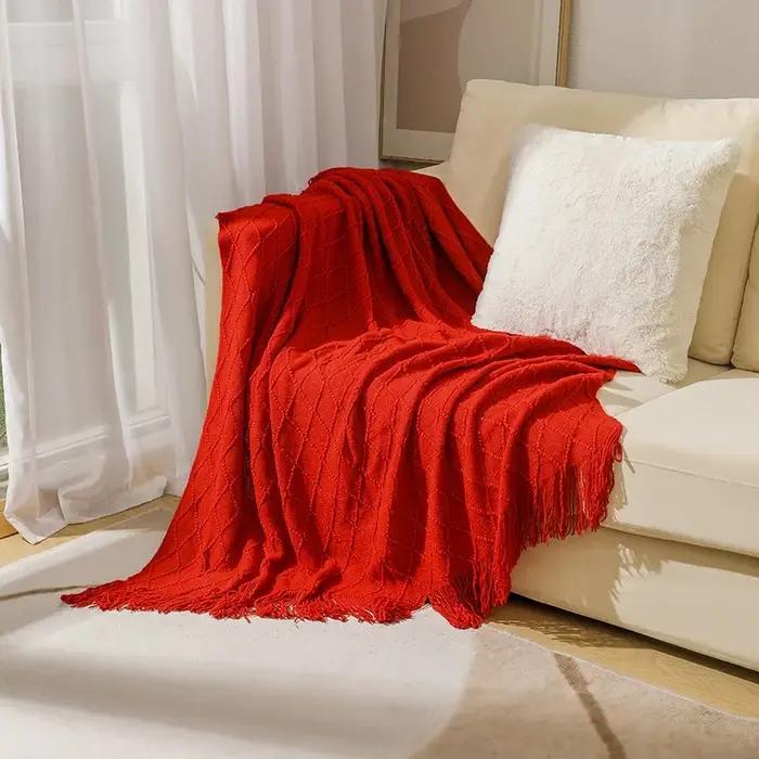 Grande couverture tricotée kaki style nordique avec pompons, douce et confortable, motif écossais au crochet, décorative pour canapé et lit, cadeau d'été