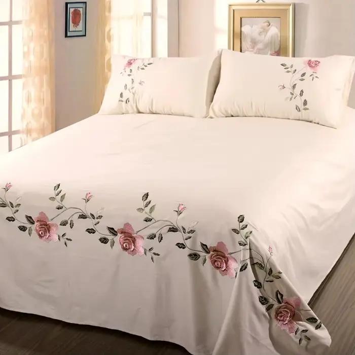 WASART Rose flore broderie design drap plat couleur unie coton sergé lin literie luxe maison textiles reine roi taille