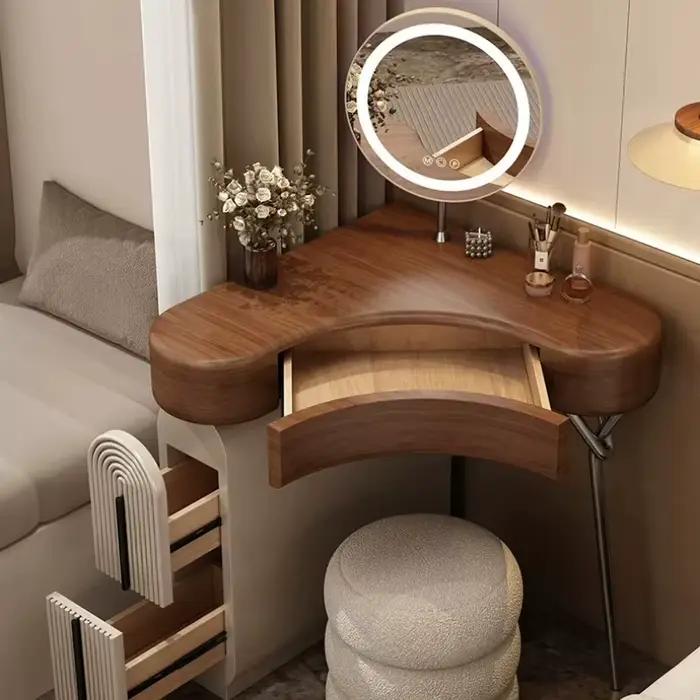 Coiffeuse d'angle en bois pour chambre à coucher avec miroir LED et tabouret