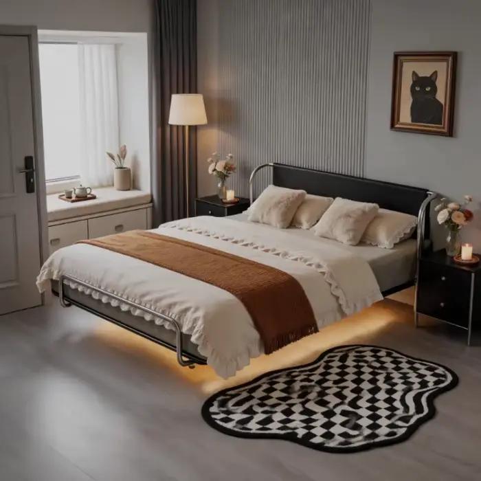 Lit 180x200 200x200 200x220cm Moderne de Luxe Suspendu en Acier Carbone, Lits et Cadres de Lit pour Chambre à Coucher, Lit Double Queen en Cuir Véritable