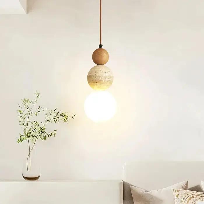 Lampe à suspension de style crème chambre chevet lustre LED pierre bois lumière design Bauhaus resta