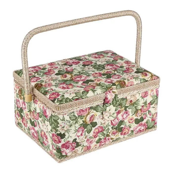 Boîte de rangement artisanale avec poignée, panier à coudre, tissu imprimé floral, ménage, divers articles