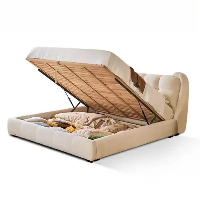 Lit double en tissu chenille avec tête de lit à dossier souple