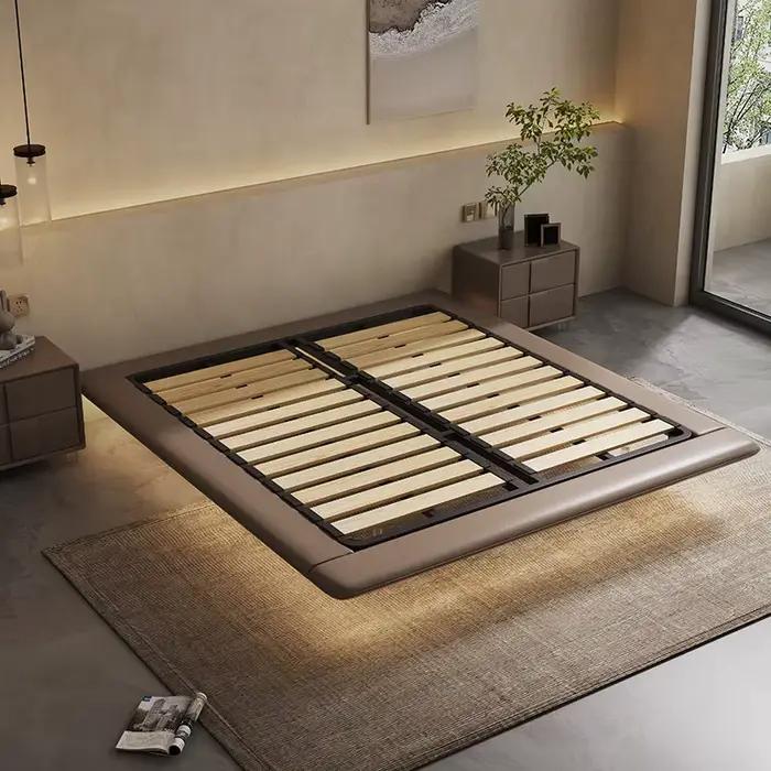 Lit Moderne Simple avec Rangement Flottant, Lit Double de Hôtel, Cadre en Bois, Meubles de Chambre Complet