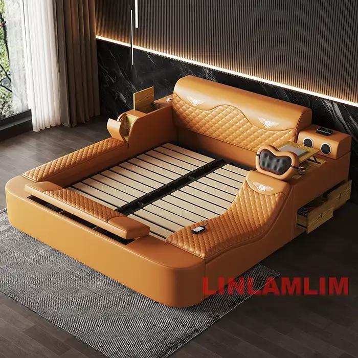 Lit tout-en-un, cadre de lit plateforme luxueux rembourré avec rangement
