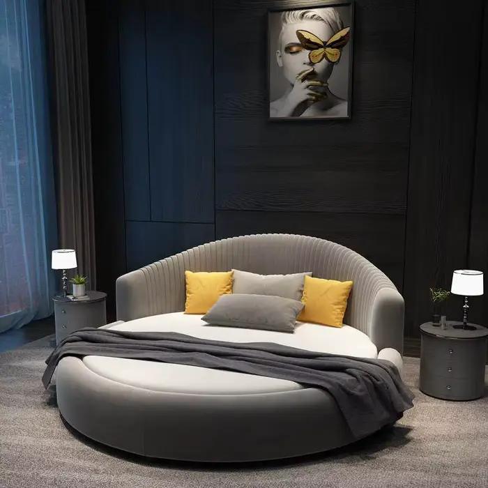 Lit double moderne avec tête de lit et dossier souple, design nordique, pour 2 personnes, cadre king