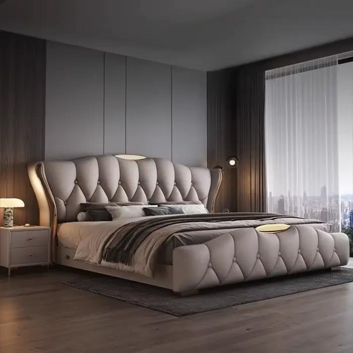 Lit double moderne 200x220cm, cadre de lit king size de luxe pour chambre principale, lit pour 2 per