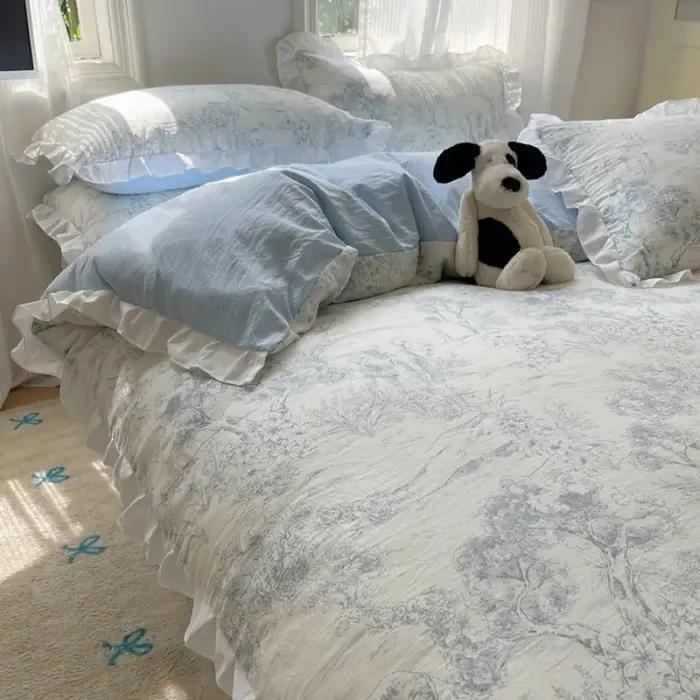 Ensemble de housse de couette à volants floraux bleus