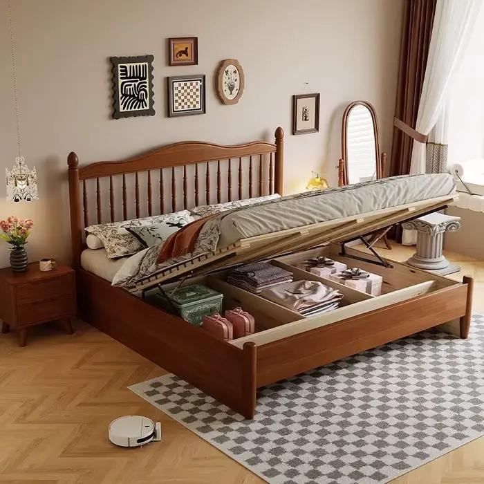 Lit de rangement moderne et minimaliste en bois massif avec tête de lit à tiges, vérin à gaz et tiroirs latéraux, cadre de lit double