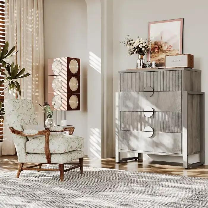 Commode grise cannelée moderne pour chambre à coucher, commode de 36,2 po de hauteur, commode à 4 ti