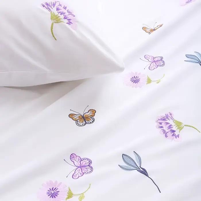 Drap de lit 100% coton avec motif de fleurs et de papillons brodés romantiques, décoration de chambre de princesse pour fille, drap plat sans taie d'oreiller