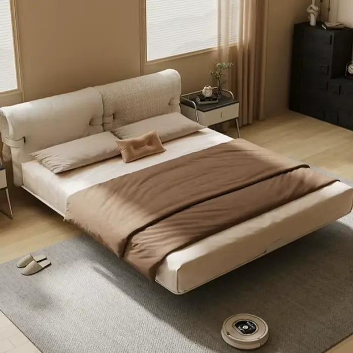Lit double moderne de luxe 180x200cm avec suspension en acier carbone