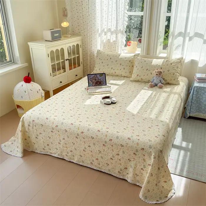 Drap de lit imprimé ours Kawaii, ultra doux, bord en dentelle, respirant, drap plat confortable, durable, lavable en machine, couvre-lit