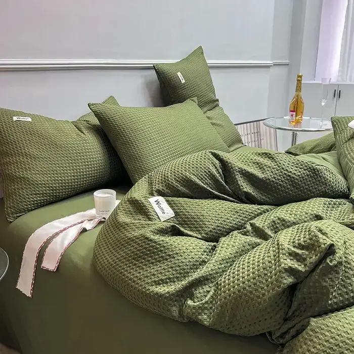 Ensemble de literie de luxe en coton gaufré lavable léger