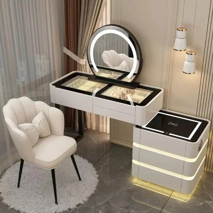 Coiffeuse moderne éclairée et extensible pour chambre à coucher avec miroir LED à 3 couleurs