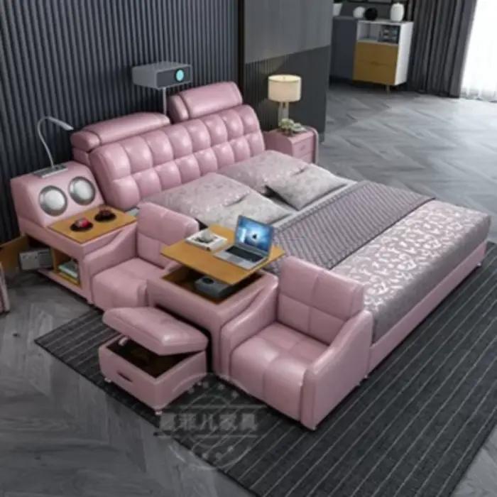 Lit plateforme intelligent et moderne en cuir de luxe 180x200 cm avec rangement