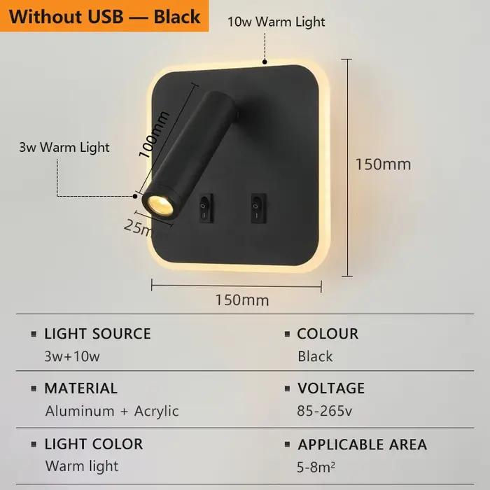 Lampe murale LED de chevet rotative avec interrupteur