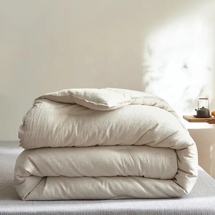 Couette de lit double en coton et lin de soja uni pour couple