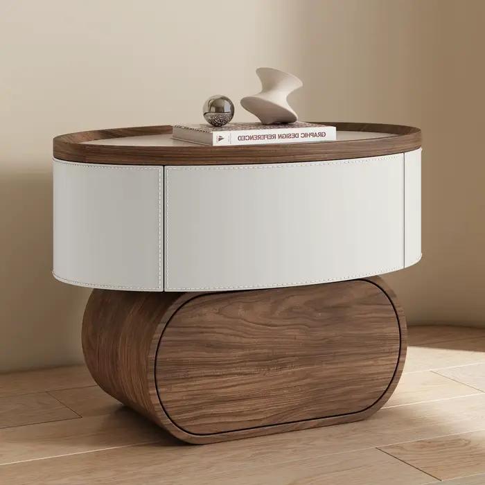 Table de chevet en bois massif et cuir, meuble design pour salon, armoire de rangement pour chambre