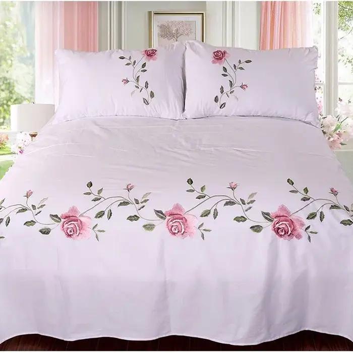 WASART Rose flore broderie design drap plat couleur unie coton sergé lin literie luxe maison textiles reine roi taille