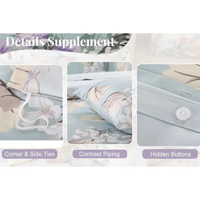 Ensemble de housse de couette 3 pièces 600TC 100% coton égyptien, feuilles de luxe bleues florales,