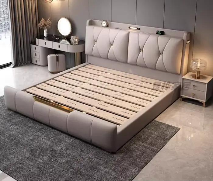 Chambres à coucher : Lit double avec éclairage de nuit et rangement, 180x200cm, Cadre de lit simple,