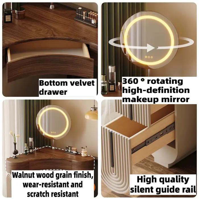 Coiffeuse d'angle en bois pour chambre à coucher avec miroir LED et tabouret