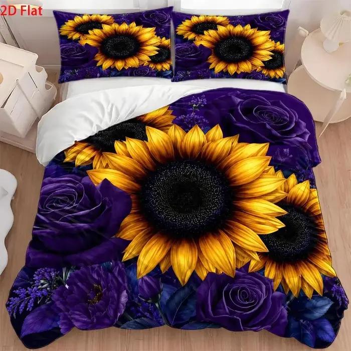 Ensemble de housse de couette imprimée tournesol violet 3 pièces