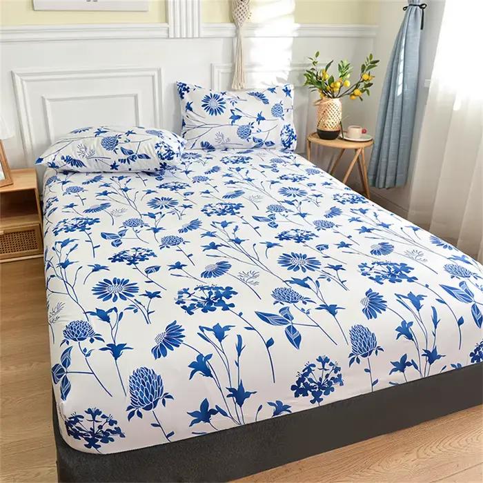Drap-housse double avec élastique imprimé de fleurs bleues