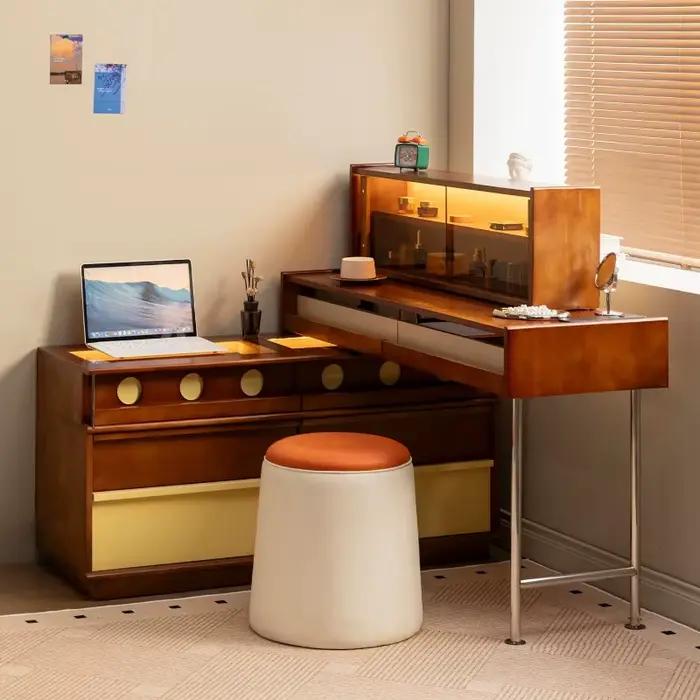 Coiffeuse de chambre de style farmhouse en bois avec tiroirs de rangement dissimulés, gain de place, meuble de beauté pour la maison