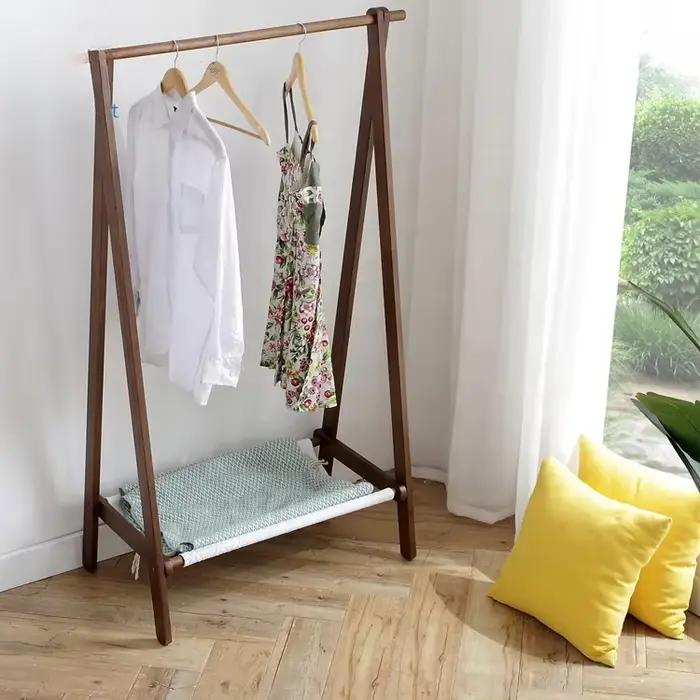 Meuble de chambre à coucher extensible marron, porte-manteau en bois massif