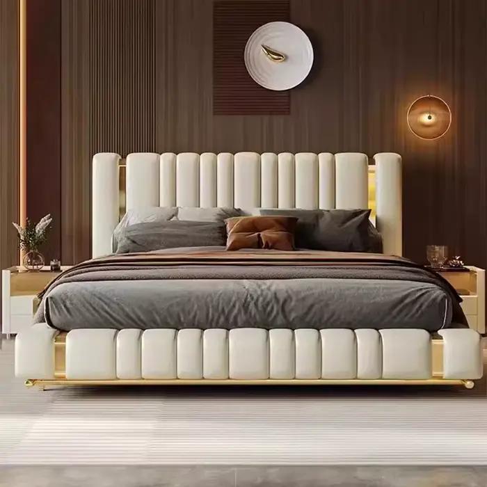 Linlamlim Lit de mariage moderne en cuir véritable