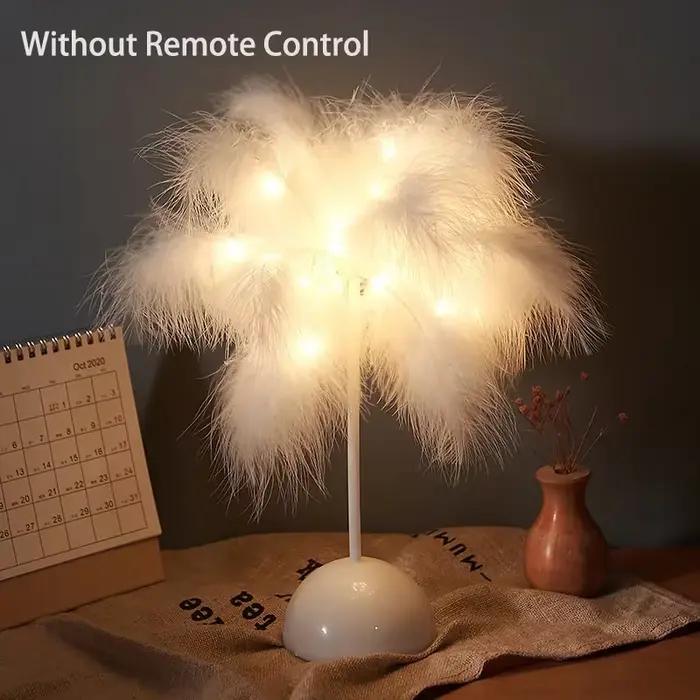 Lampe de Table créative en plumes avec télécommande, batterie USB/AA, lampe de bureau, abat-jour en