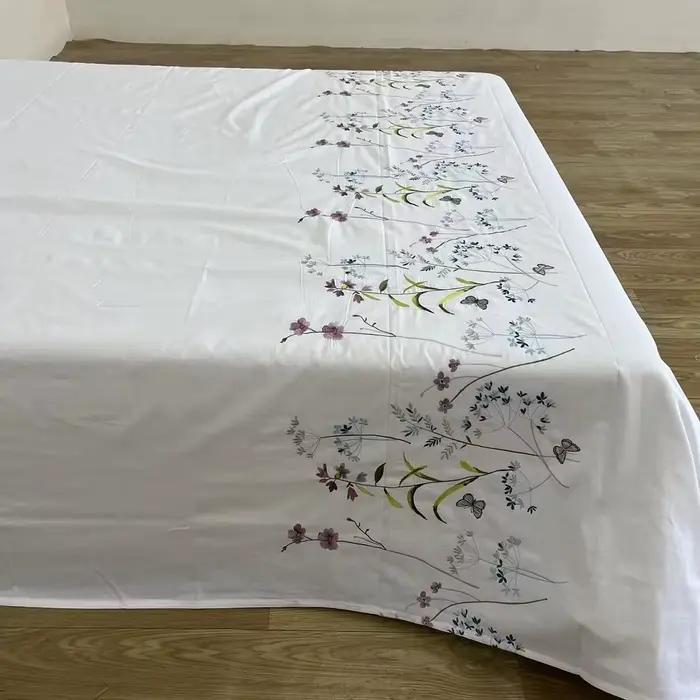 Drap de lit 100% coton avec motif de fleurs et de papillons brodés romantiques, décoration de chambr