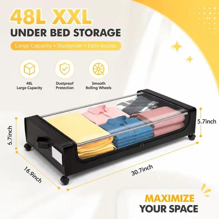 Bac de rangement sous lit transparent 48L avec couvercle, conception à roulettes pour un glissement