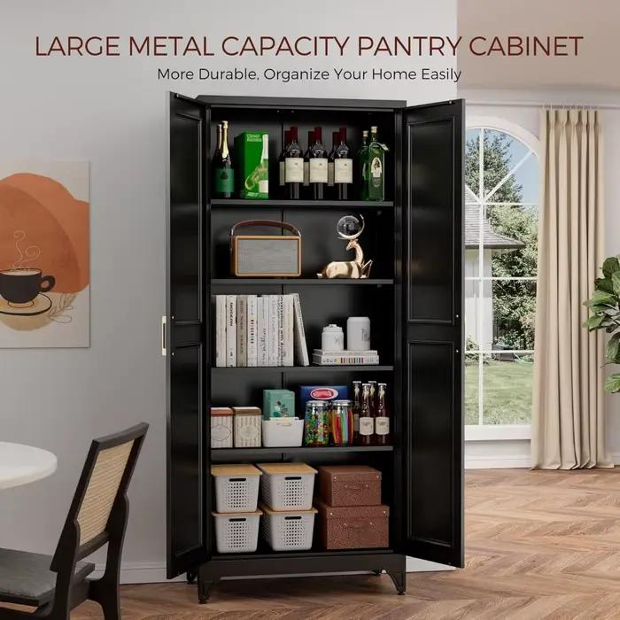 Armoire de garde-manger de cuisine de 75 pouces, armoires de rangement en métal noir avec 2 portes e