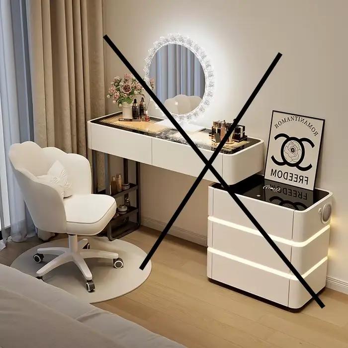 Coiffeuse moderne avec station de charge sans fil, haut-parleur Bluetooth, miroir éclairé à plateau