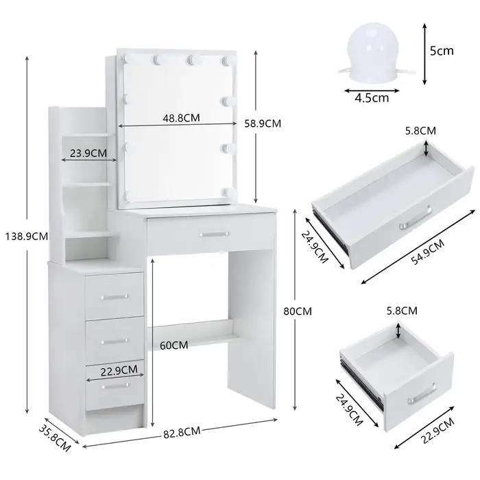 Table de coiffeuse LED avec miroir coulissant, bureau de maquillage blanc, tabouret à 4 tiroirs, coi