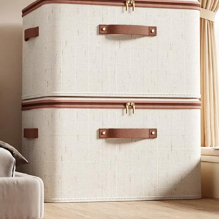 Grande boîte de rangement pour la maison, boîte de rangement robuste en coton et lin avec fermeture éclair et couvercle pour vêtements, jouets, couvertures