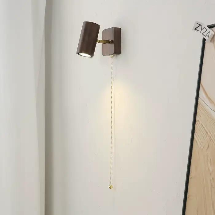 Applique murale couleur bois de noyer rétro chambre chevet appliques tête de lampe réglable tirer cordon interrupteur lecture mur projecteur LED